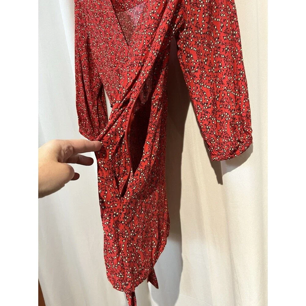 Free People Women's Clara Floral Mini Tunic Dress S Red Wrap 3/4 Sleeve Viscose‎